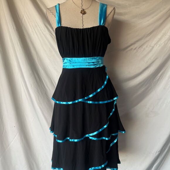 Deb Vintage Blue Satin black flowy party dress - Picture 2 of 7
